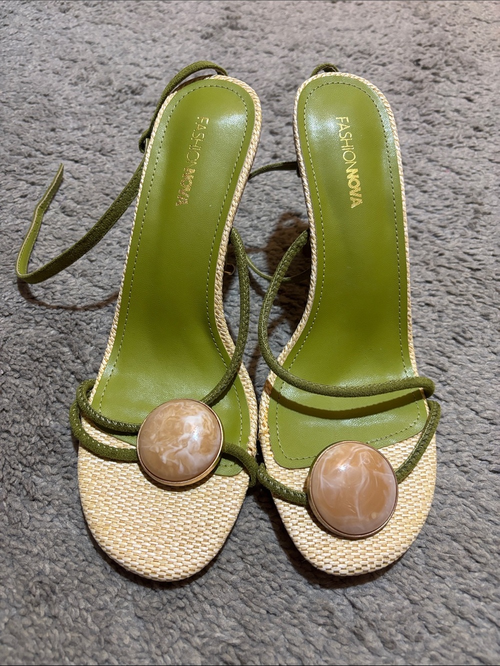 Fashion Nova Olive Green Strappy Sandal with Beige Marble Accent